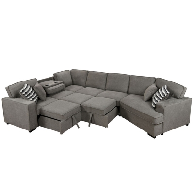 Oversized Upholstered Sectional Pull Out Sleeper Bed Chaise Lounge U-Shaped Sofa