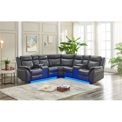 Power Reclining Sectional Sofa Set Faux Leather Recliner Couch with LED Lights/USB Port for Home Theater