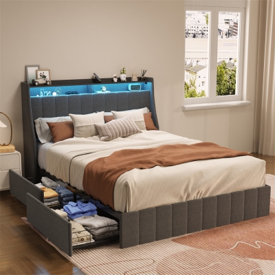 Wood Frame Upholstered Wings Headboard Full Platform Bed with LED Portable Storage Drawers