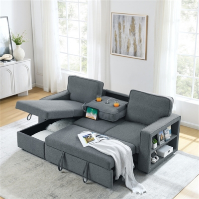 L Shaped Convertible Linen Fabric Sofa with Pull Out Sleeper Sofa Bed