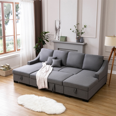 Upholstery Sectional Sofa Sleeper Sectional Couch Pull-Out Sofa Bed,U Shape Sectional Sofa with Double Storage Spaces