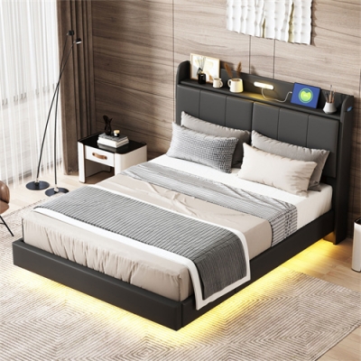 Queen Size Floating Bed Frame with Storage Headboard Upholstered Platform Furniture for Bedroom